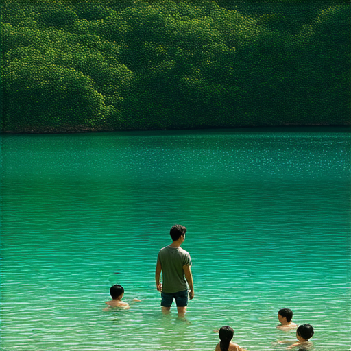 外籍英文老師在湖泊邊教學生使用流利英文，學生們在水中游泳，探索自然之美，體驗渺小與渾然天成的奇妙世界，享受學習和自然融為一體的樂趣。