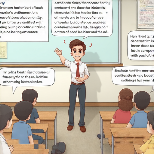 外籍老師在教室中示範如何用短句表達心情，強調知足常樂的重要性，以及矯正牙齒的自信影響，學生們專注聆聽，課堂氛圍輕鬆愉快。