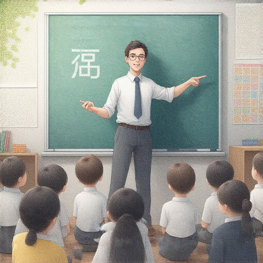 外籍老師在教室中教授英文，孩子們專注學習，透明的黑板上寫著「溫」字，展現探索英語的奧秘，傳遞教學與文化交融的精彩瞬間。