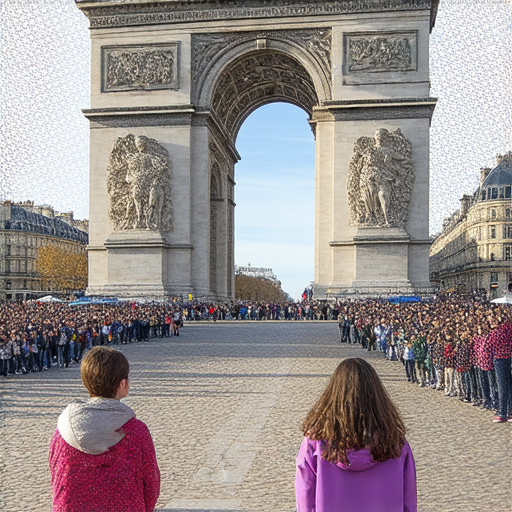 探索凱旋門的秘密，外籍英文老師帶領你開啟英文學習之旅，圖片展示澳洲老師與學生互動，教材與凱旋門背景融合，讓學習更有趣。