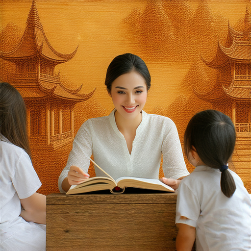 探索木薯粉到木雕的神秘世界的圖片，展示外籍老師教授學英文的過程，學生專注學習，背景有木雕作品，強調學習的樂趣與創造力。