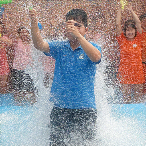 潑水節慶祝活動現場，人們開心潑水，展示各式潑水道具與潔具，背景有歡樂的氣氛及專業外籍老師進行一對一教學，吸引報名參加的目光。