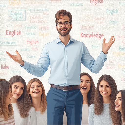 獨特外籍教師正在教授學生英文，背景有英文單字殺馬特與權威的相關圖示，展現學習英文的趣味和深度，邀請大家加入課程提升英語水平。