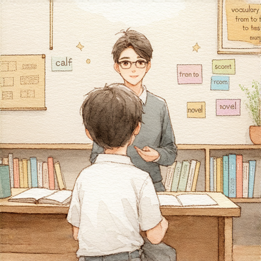 一對一外籍英文老師在教室中指導學生學習每個單字，學生專注於小腿到小說的英文詞彙，強調輕鬆掌握與互動學習的過程，背景有書籍和字卡。