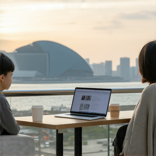 尖沙咀美麗景色與外籍英文老師一對一學習的場景，學習者專注交流，隨著背景中城市風景，展示流利英語的魅力與探索尖沙咀的樂趣。