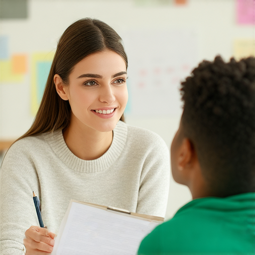 外籍英文老師進行一對一教學，學生專注於學習，背景中有祝賀與祝福的元素，展現成功的氛圍，提升每個祝福的魅力，展現學習成效的情境。