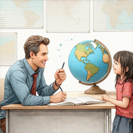 一位外籍英文老師與學生進行一對一教學，主題是探索地球的奧秘，教授英文知識，促進學習興趣與交流，開啟英文學習之旅。