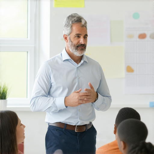 一位外籍英文老師在教學環境中專注指導學生，專注於醫療與餐飲詞彙，提升學生的英文能力，旨在消除學習過程中的尷尬，讓學習變得更有效。