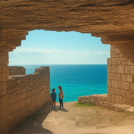 探索地下與地中海的奧秘，外籍英文老師與學生一對一互動提升英文水平，背景展示神秘的地下遺跡與地中海美景。