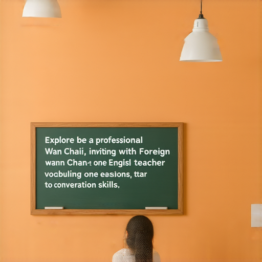 探索英文世界的廣告圖片，展示灣仔地區外籍老師進行一對一教學的場景，強調從灌溉到其他英語學習內容，鼓勵立即預約外籍老師提升英文能力。