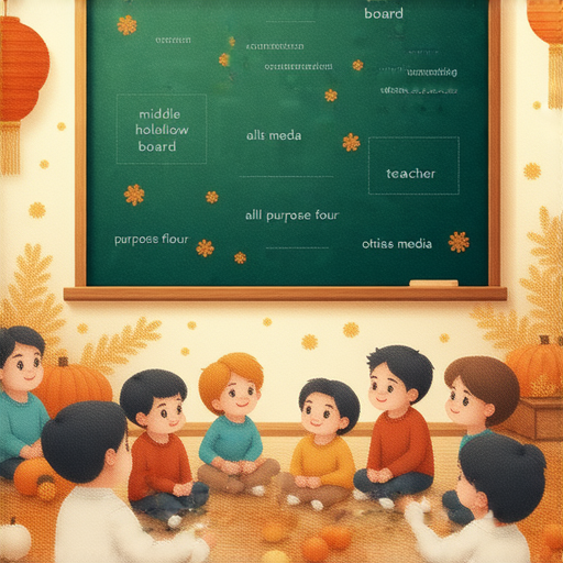 中秋英語盛宴的圖片，展現中空板、中筋麵粉及中耳炎的英文詞彙，外籍老師教學場景中學生們專注學習，提升英文表達能力，充滿學習氛圍。