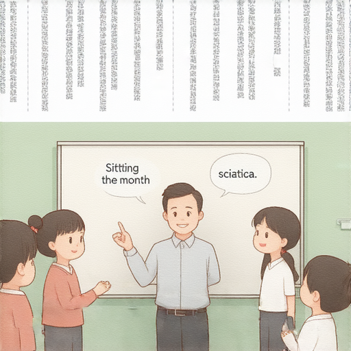 圖片展示了坐月子與坐骨神經痛的中文術語，並強調外籍英文老師如何幫助學生理解這些概念，突破語言障礙。