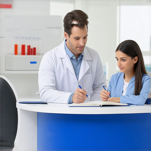 抽血檢驗的教學場景，外籍老師在一對一指導學生提升英文能力，學生專注學習醫學術語，背景展示抽血相關設備，呈現學習氛圍與專業指導。