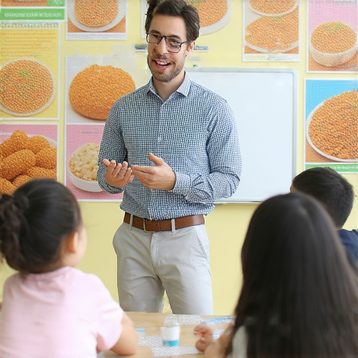 一位外籍老師正在教授學生「炮仗、炸雞等美食」相關英語，場景中有食物圖片以及教學互動，鼓勵流利對話，提升英語口說能力。