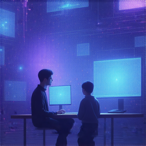 外籍英文老師與學生一對一上課，背景是未來科技的圖片，象徵探索科技奧秘，開啟科幻之旅的學習體驗。