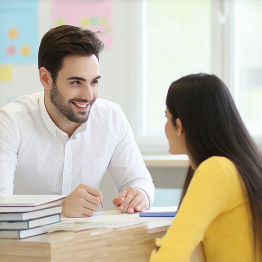 外籍英文老師與學生一對一教學場景，強調提升英文能力的學習環境，適合尋求個性化課程的學員，立即招募，探索新機會。