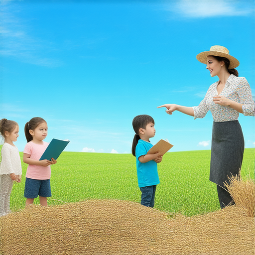 外籍英文老師與學生互動，探索稻草與稻草人，學習語言關鍵詞彙的樂趣，促進英文學習與文化交流的生動場景。