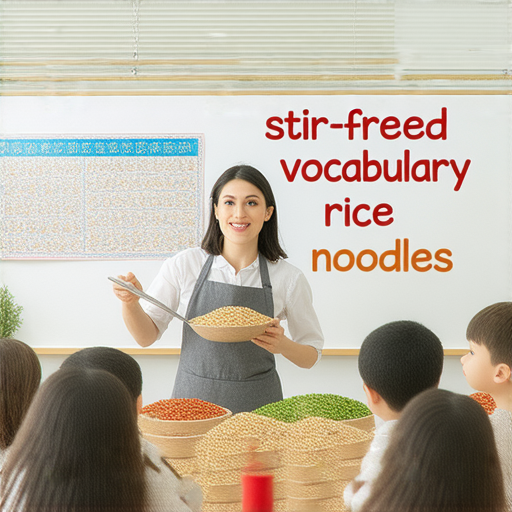 學習乾炒牛河等詞彙的活動圖片，外籍老師與學生互動，輕鬆掌握英語，傳授餐飲相關詞彙，增強語言能力，提升學習興趣，適合各年齡層學習者。