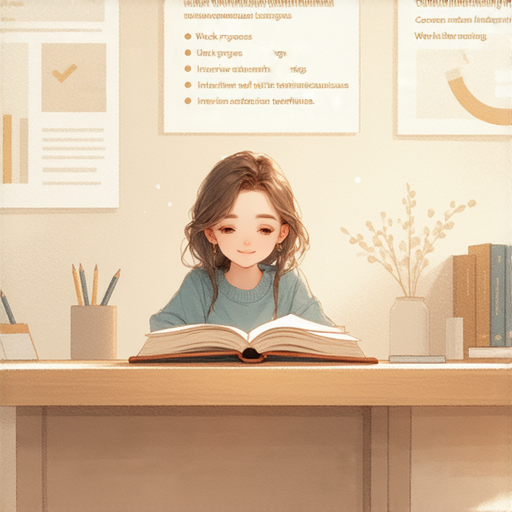 一名學生與外籍教師進行一對一英文教學，學生專注學習，背景顯示與工作進度和面試自我介紹技巧相關的資訊，彰顯輕鬆學習的重要性。