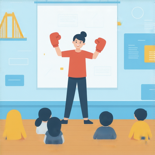 外籍老師示範學習關鍵詞，畫面中有「拱橋」和「拳擊」的圖示，吸引學生報名掌握英文小秘訣，提升語言能力，充滿活力的教學氛圍。