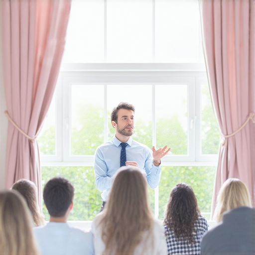 外籍老師教學場景，學生專注聆聽，背景有窗框和窗簾，象徵學習英文的環境，探索更多課程，立即報名提升英語能力。