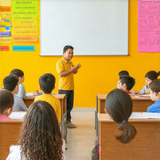 外籍老師在教室中向學生解釋挖土機與挑食的多種用法，學生們專注聆聽，桌上擺放著學習資料，展現出探索英文世界的學習氛圍。
