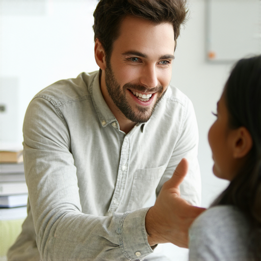一位外籍英文老師正與學生進行一對一的對話，展現輕鬆愉快的學習氛圍，強調壓力不再的主題，幫助學生釋放壓抑，立即行動，提升英文能力。