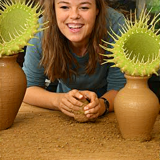 外籍英文老師指導學生捏陶與捕蠅草的過程，學生專注學習，展現創意與樂趣，揭開捉迷藏的秘密，吸引人立即報名一對一學習。