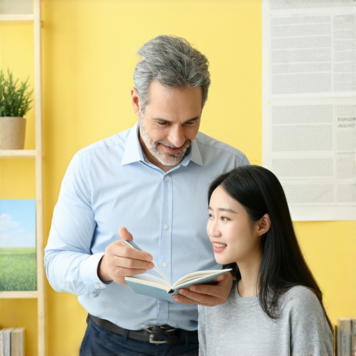 激勵學習的外籍老師與學生一對一教學場景，學生專注於勵志英文課程，互動學習氛圍，探索激勵與成長的秘密，提升語言能力的有效途徑。