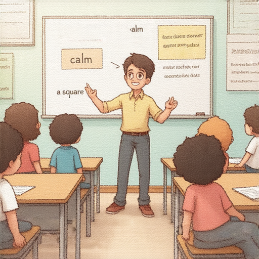 外籍英文老師正在教學生關於平息和平方等關鍵詞，學生們全神貫注，學習氛圍熱烈，展現提升英語能力的學習之旅。