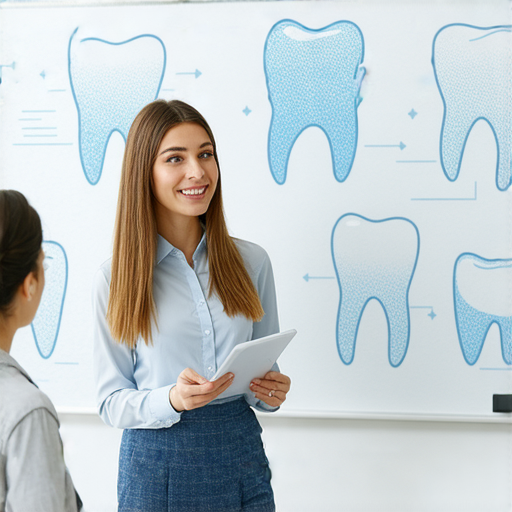 外籍英文老師與學生一對一學習牙周病與牙線的重要性，背景中展示相關牙科知識的圖示，突顯擊敗牙齒問題的方法與技巧。