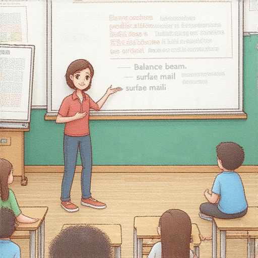 外籍老師教學場景，學生與老師在互動中學習英文，色彩鮮明的教學環境，重點是「平衡木」與「平郵」的概念，呈現一對一教學的個性化體驗。