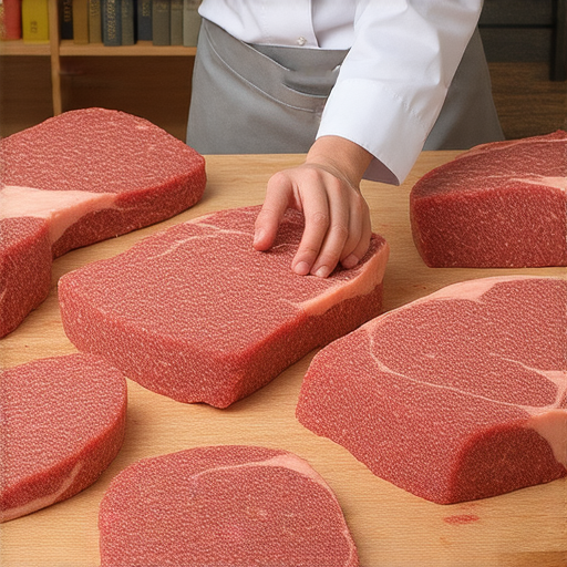 外籍老師一對一教學的場景，學生專注學習牛肉相關英文，桌上擺著生鮮牛肉，教學氛圍輕鬆愉快，提升英文能力，揭開牛肉的烹飪與選材秘密。