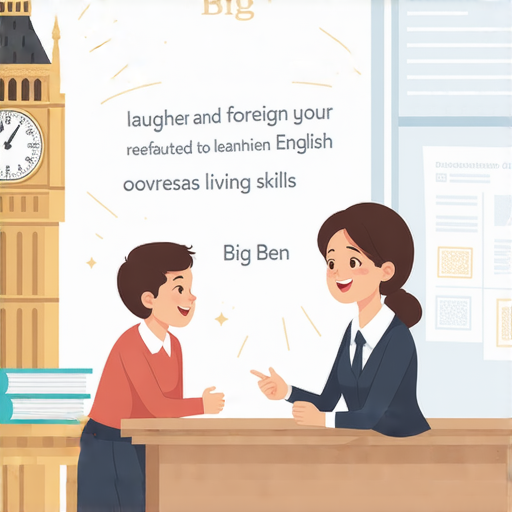 外籍老師與學生進行一對一交流，學習海外生活的英文，主題為「大笑」和「大笨鐘」的秘訣，教學環境輕鬆愉快，適合提升英語會話能力的活動。