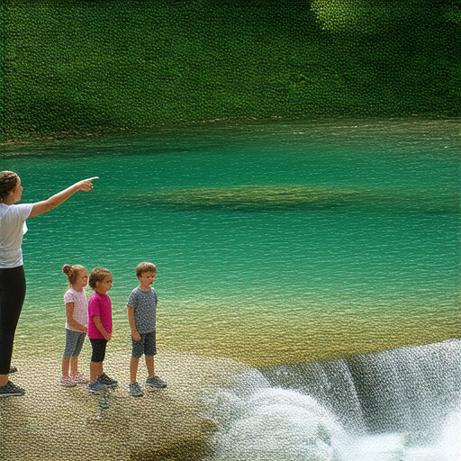 外籍老師帶領學生在十六湖國家公園中探索自然美景的照片，學生們互動並用流利的英文交流，展現學習與旅行的樂趣。
