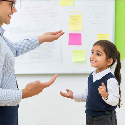 專業外籍老師一對一教學，學生流利介紹自己的場景，展示互動式學習方式，提升語言能力，立即體驗全新學習方式，讓溝通更自信，背景包含教室環境和學習資料。
