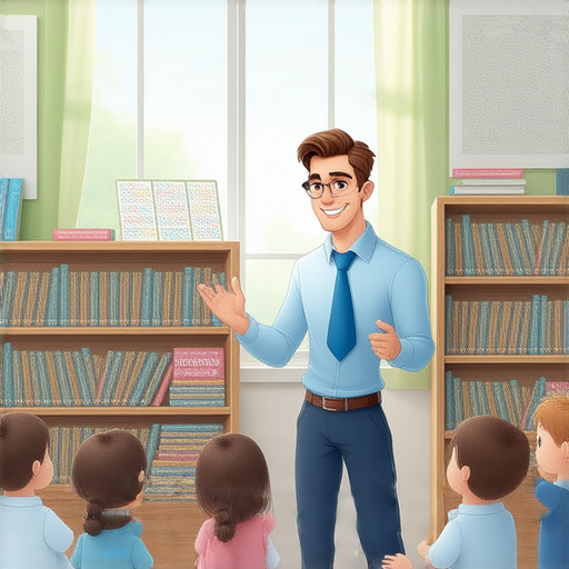 探索英文世界的圖片，外籍老師在櫃子旁指導學生，展示學習英文的樂趣，櫥窗裡亮麗的學習資料吸引眼球，讓學習者輕鬆掌握英文基礎。