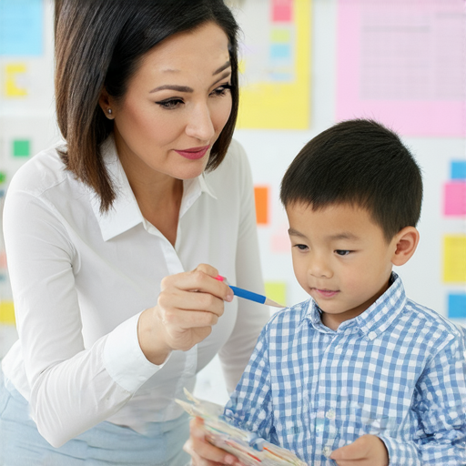 一名外籍老師與學生進行一對一英語學習，專注於幾何和廣告投放技巧，背景顯示學習素材，突顯互動教學的效果。