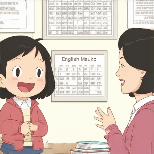 櫻桃小丸子與外籍老師互動學習英語的場景，學生在一對一教學中輕鬆學習，享受語言和文化交流的樂趣，促進英語能力提升。