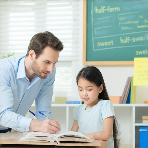 一對一外籍老師授課場景，學生聚精會神學習半形、半糖等多種英語表達，教室環境明亮，桌上有學習資料和筆記，掌握英語技巧，立即報名學習。