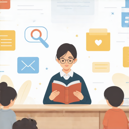 外籍教師在課堂上用搖籃曲教學生學習英文，背景有搜尋引擎相關圖示，旨在揭示英文學習的秘密，讓學生輕鬆探索語言世界。