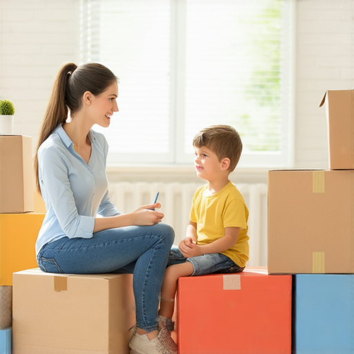 搬家學英文的外籍教師與學生一對一互動，背景是搬運箱子和家居用品，展示學習搬遷相關詞彙的場景，輕鬆愉快的學習氛圍。