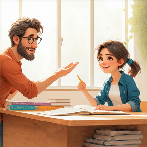 學習歐洲英語的學生與外籍教師進行一對一輔導，開啟語言冒險的場景，展示專注學習的氛圍，促進語言交流與文化理解。