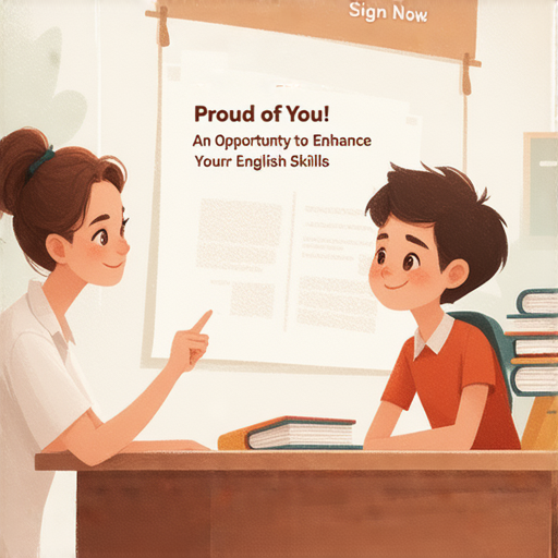 一位外籍英文老師與學生進行一對一教學，學生專注聆聽，老師指導語言技巧，背景顯示學習資料，標題為以你為榮，提升英文實力的機會，立即報名探索。