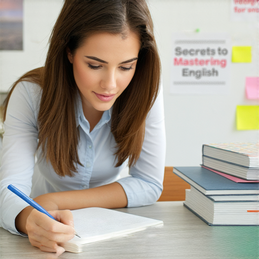 外籍老師一對一教學場景，學生專心學習英文，課桌上有筆記本和筆，背景展示學習資源，強調掌握英文的秘訣，助力英文能力飛躍提升。