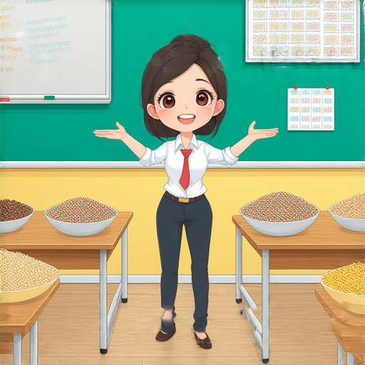 外籍老師在教室內指導學生探索糖果與糙米的英文詞彙，學生聚精會神學習，桌上擺放著各式糖果和糙米，互動學習氣氛活躍，促進語言學習。