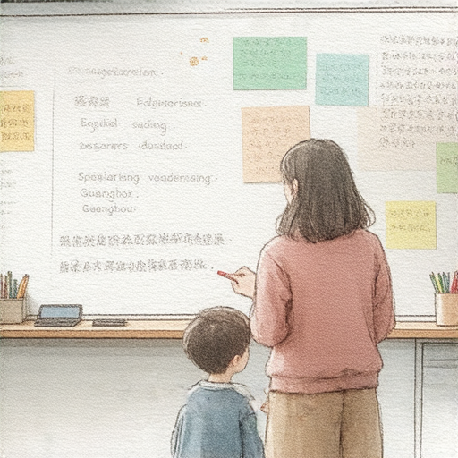 一位外籍老師與學生進行一對一的英語學習，專注於廣告、廣場和廣州等專業詞彙，背景展示互動學習的環境，突顯英文魅力。