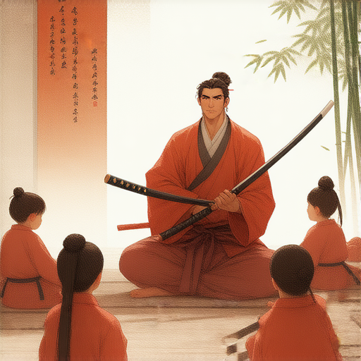 外籍英文教師指導學生學習武俠故事中的武器知識，老師手持武器，學生專注聆聽，教室環境充滿武俠氛圍，寓教於樂的過程中提升語言能力。