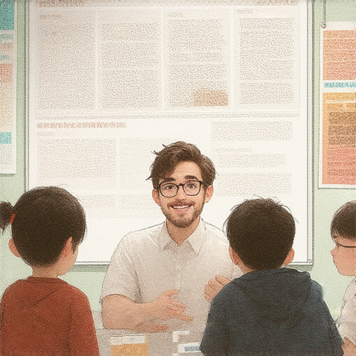 大阪外籍英文老師探索燒、大雨等詞彙的魅力，揭開當地文化與語言的秘密，促進學習與交流，圖中展示老師與學生互動情景，增進語言能力與文化理解。