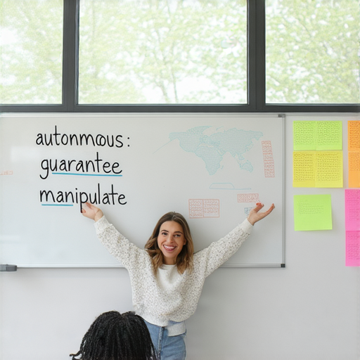 一位外籍老師與學生進行一對一的英語學習，專注於掌握關鍵詞擅自、擔保、操控，背景為教室環境，展現互動學習的氣氛。